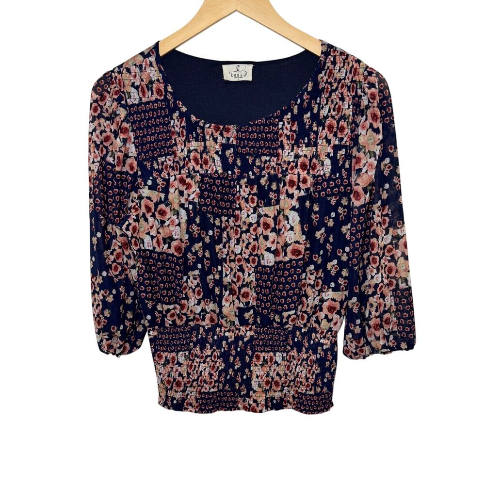 Womens Boho Floral Smocked Peasant Blouse Lagenlook‎ Cottagecore Size Large